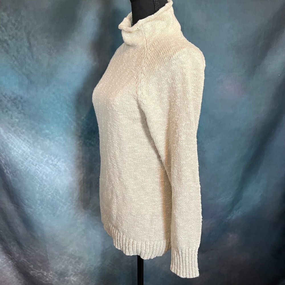LL Bean Womens Cream Cotton Knit Rollneck Turtleneck Sweater Raglan Sleeve Small - Picture 2 of 6